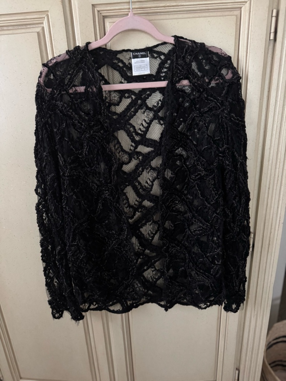 CHANEL Black Openwork lace top